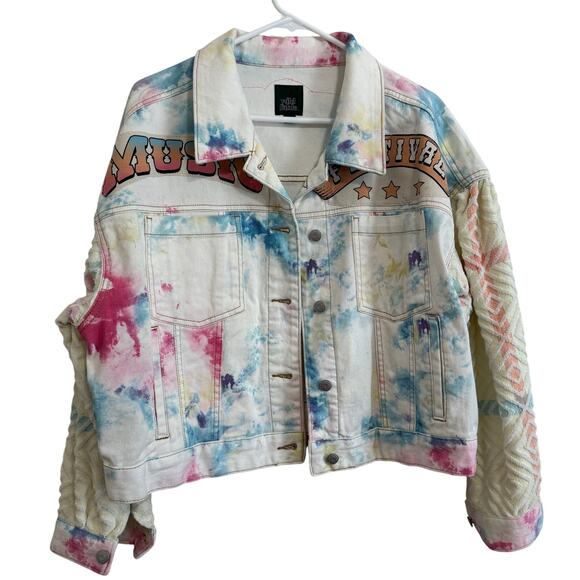 Upcycled Wild Fable Pastel Tie Dye Trucker Jacket w/Graphic & Towel Sleeves XL - Picture 2 of 12